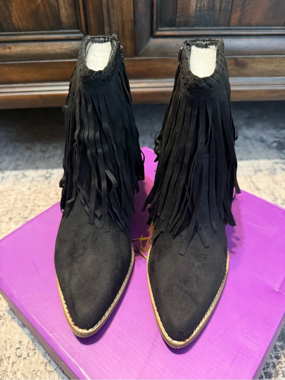 BEAST FASHION Black Suede Fringe Ankle Booties - Picture 2 of 5